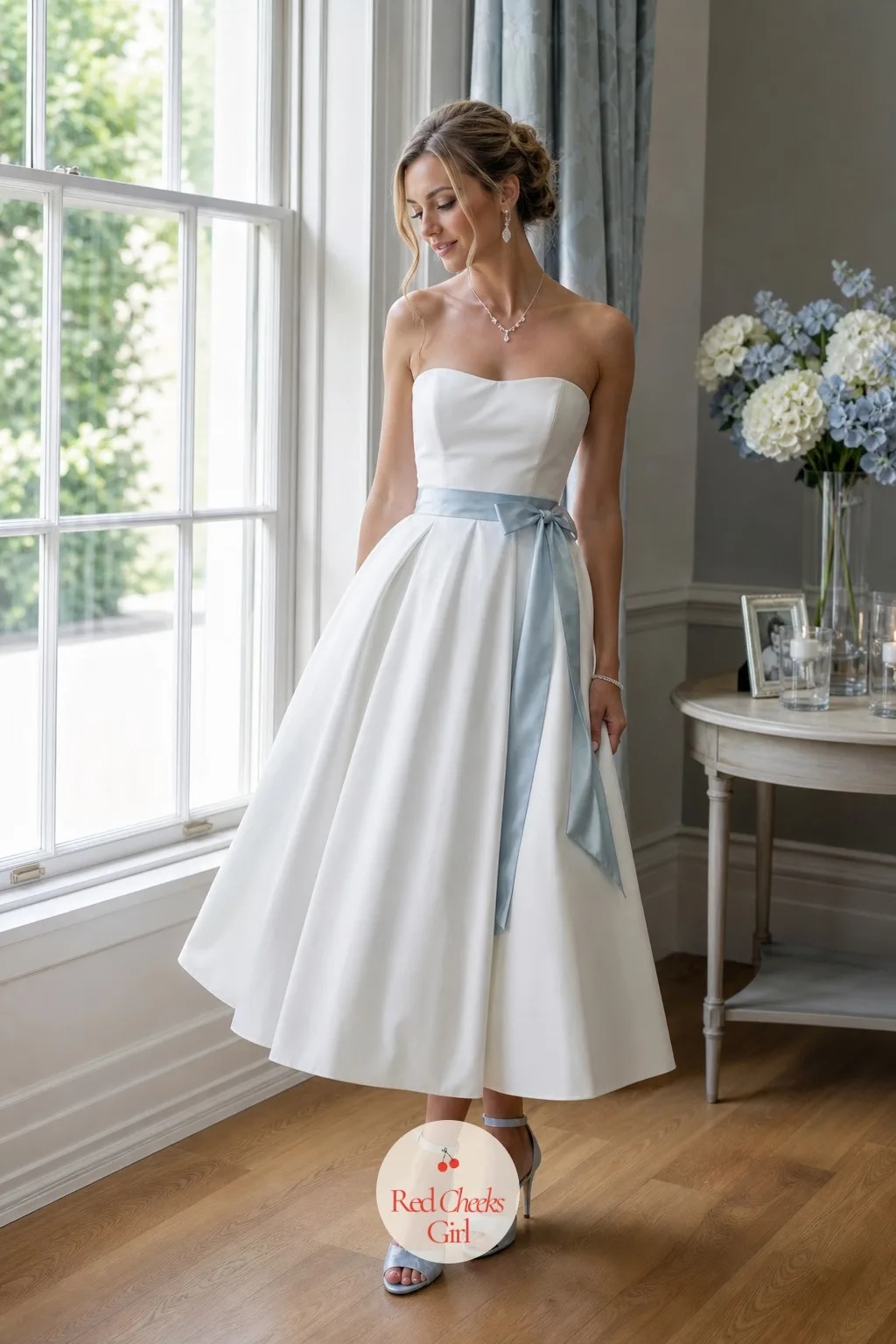 The Bride's Dress or Blue Accents — A plain white gown photographs beautifully but says nothing about this particular wedding until something in the frame