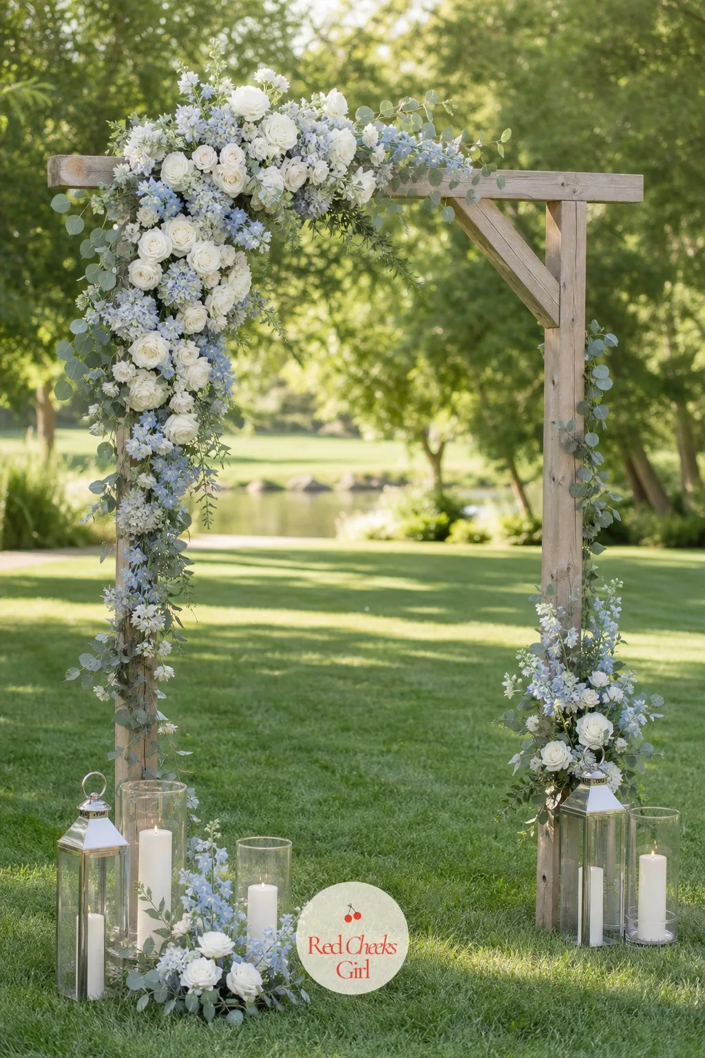 The Ceremony Arch — A bare arch at the front of a ceremony space can look like an afterthought the moment the first photo comes back. Ice blue wedding theme