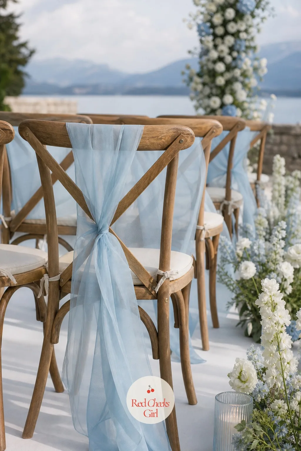 The Ceremony Seating — Rows of plain chairs can swallow a color palette whole before anyone even reaches the altar. Ice blue wedding theme