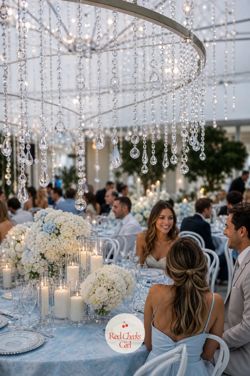 The Crystal Details — A room lit only by overhead lights can feel flat no matter how good the linens are. Ice blue wedding theme