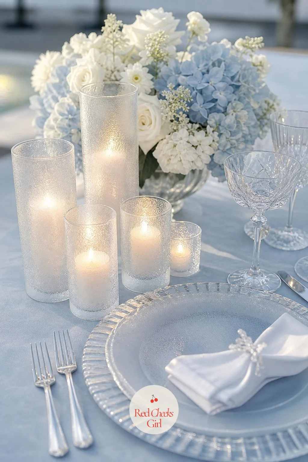 The Frosted Glass Details — Clear glass everywhere starts to look like it was rented in bulk without much thought. Ice blue wedding theme