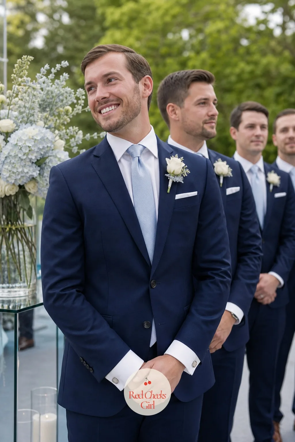 The Groom and Groomsmen Accents — A navy suit with no connection to the rest of the wedding party can look like he wandered in from a different event. Ice blue