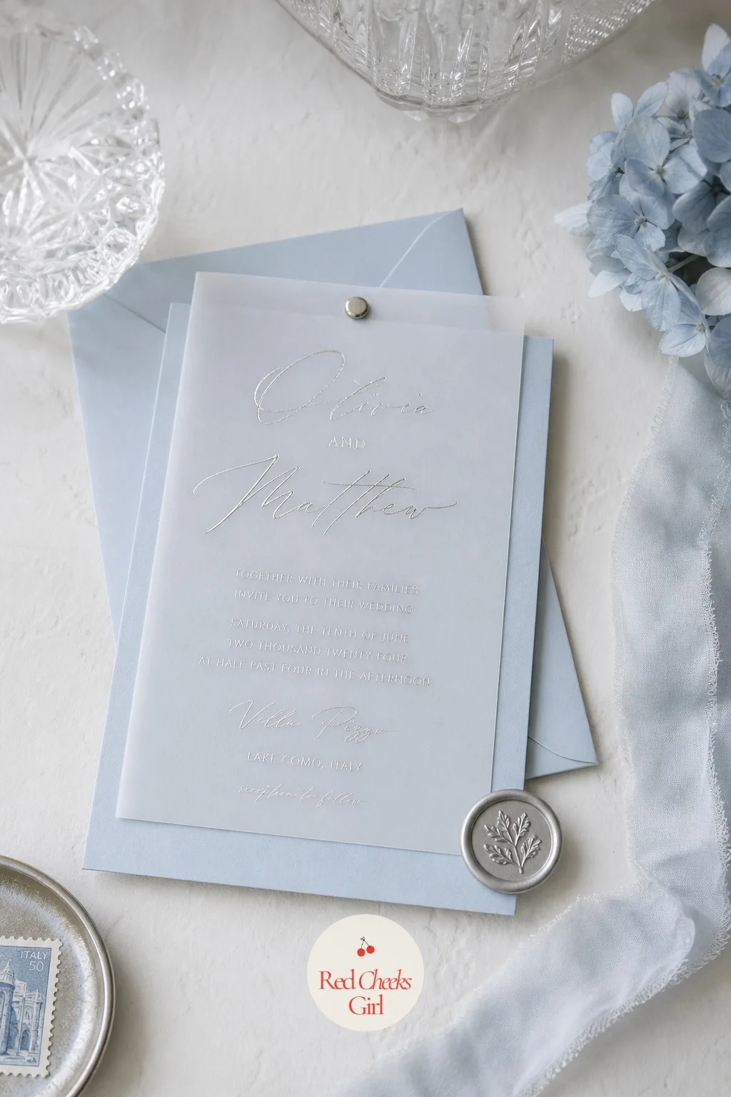 The Invitation Suite — An invitation on plain white cardstock sets up the wrong expectation for everything that follows. Ice blue wedding theme