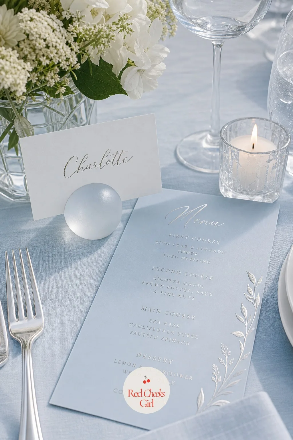 The Place Cards and Menu — A guest hunting for their seat at a plain table of cards feels like an afterthought in the planning. Ice blue wedding theme
