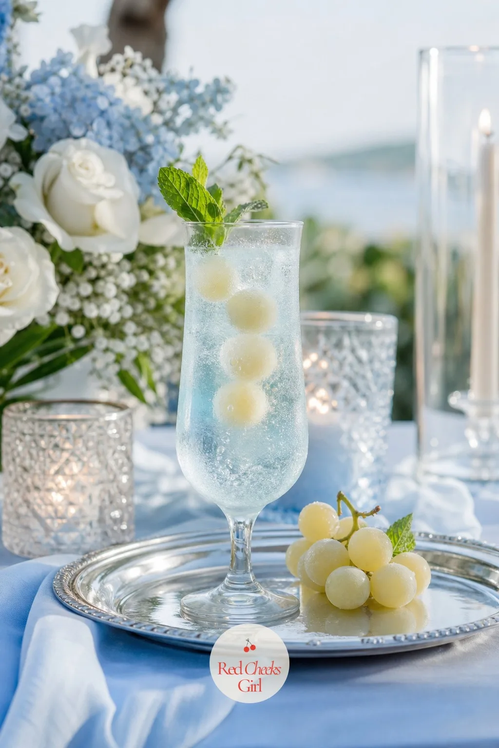 The Signature Mocktail — Not every guest drinks alcohol, and a table of soda cans does nothing for the room. Ice blue wedding theme