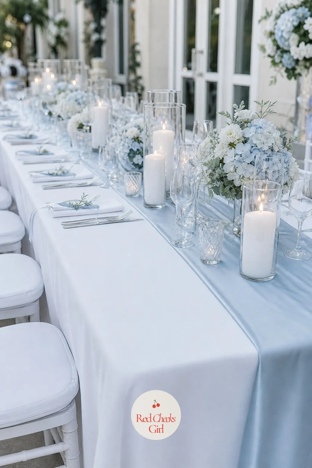The Table Linen — A white tablecloth alone can look unfinished the second the room fills with guests. Ice blue wedding theme