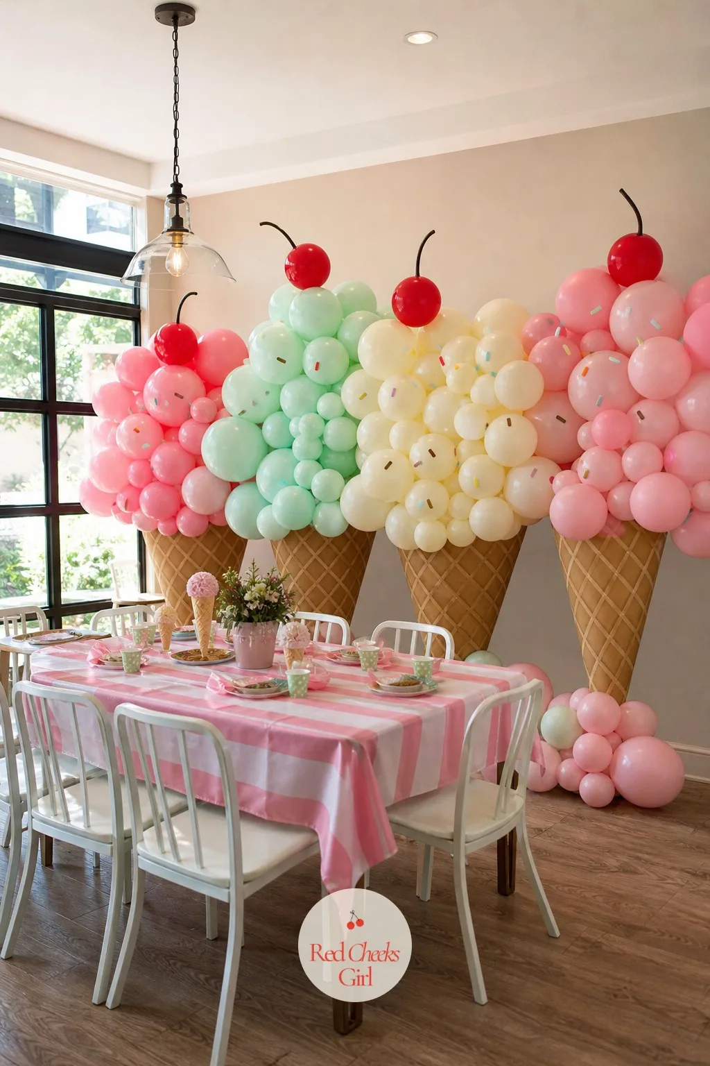 The Balloon Wall Shaped Like A Row Of Ice Cream Cones — A bare wall behind the party table turns up in every single photograph whether she plans for it or not.