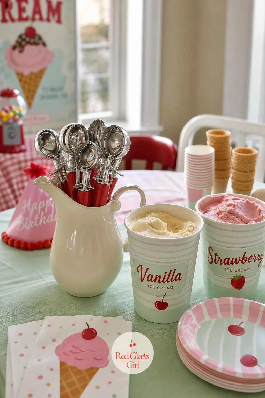 A Cherry Red Enamel Scoop Stand — One scoop always goes missing the moment the bar opens. Ice cream birthday party
