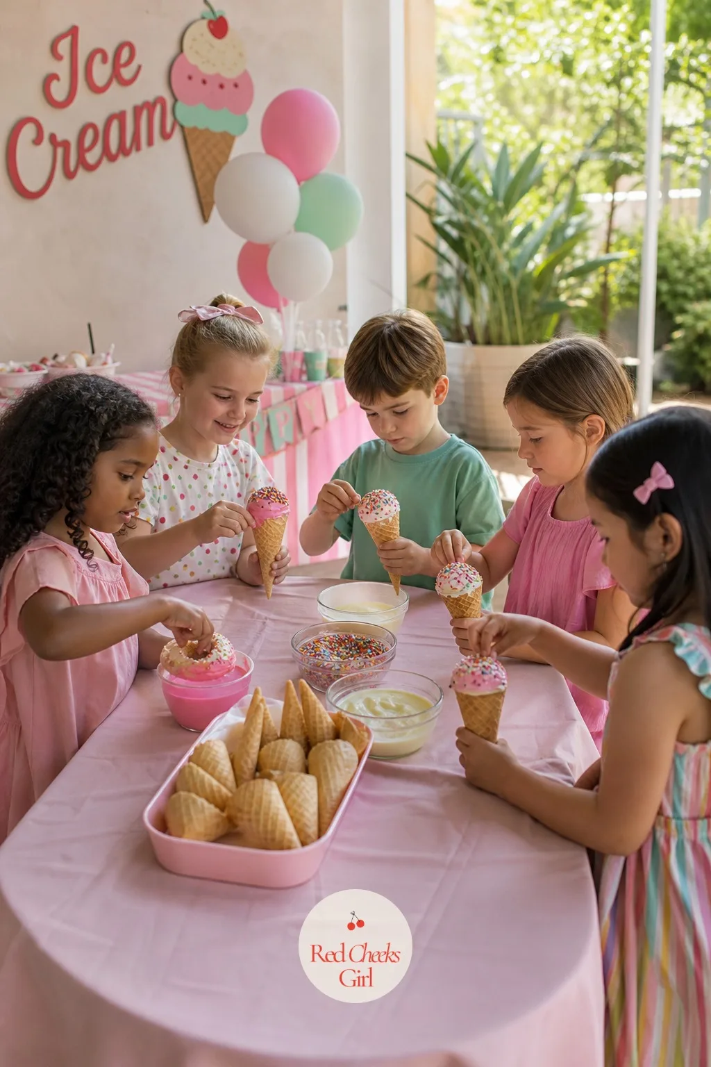 A Cone Decorating Station With Bowls Of Sprinkles — Give the guests a job, not just a seat, and the party runs itself for twenty minutes. Ice cream birthday