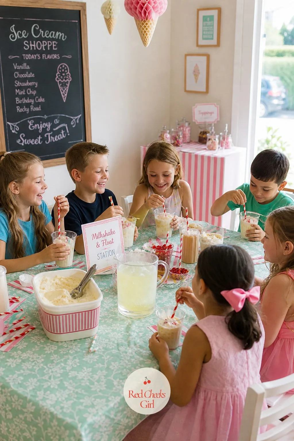 A Milkshake And Float Station With Striped Straws — Not everyone wants a full sundae, and a small float station catches them without crowding the main bar. Ice
