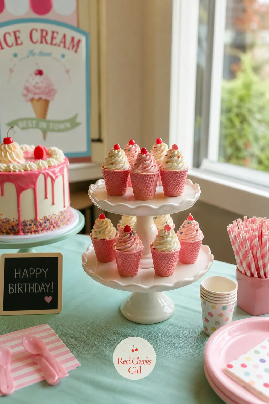 A Mini Cupcake Tower In Waffle Cone Wrappers — Not every child wants cake, and a tower of small ones solves that without a second dessert to manage. Ice cream