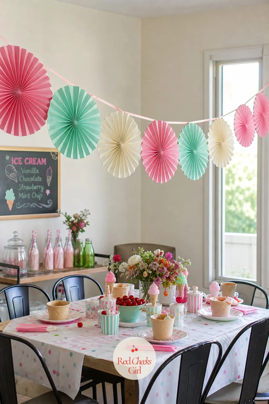 A Paper Fan Garland Strung Above The Table — The space above the table usually sits empty, and it is the easiest place to add colour without touching a wall.