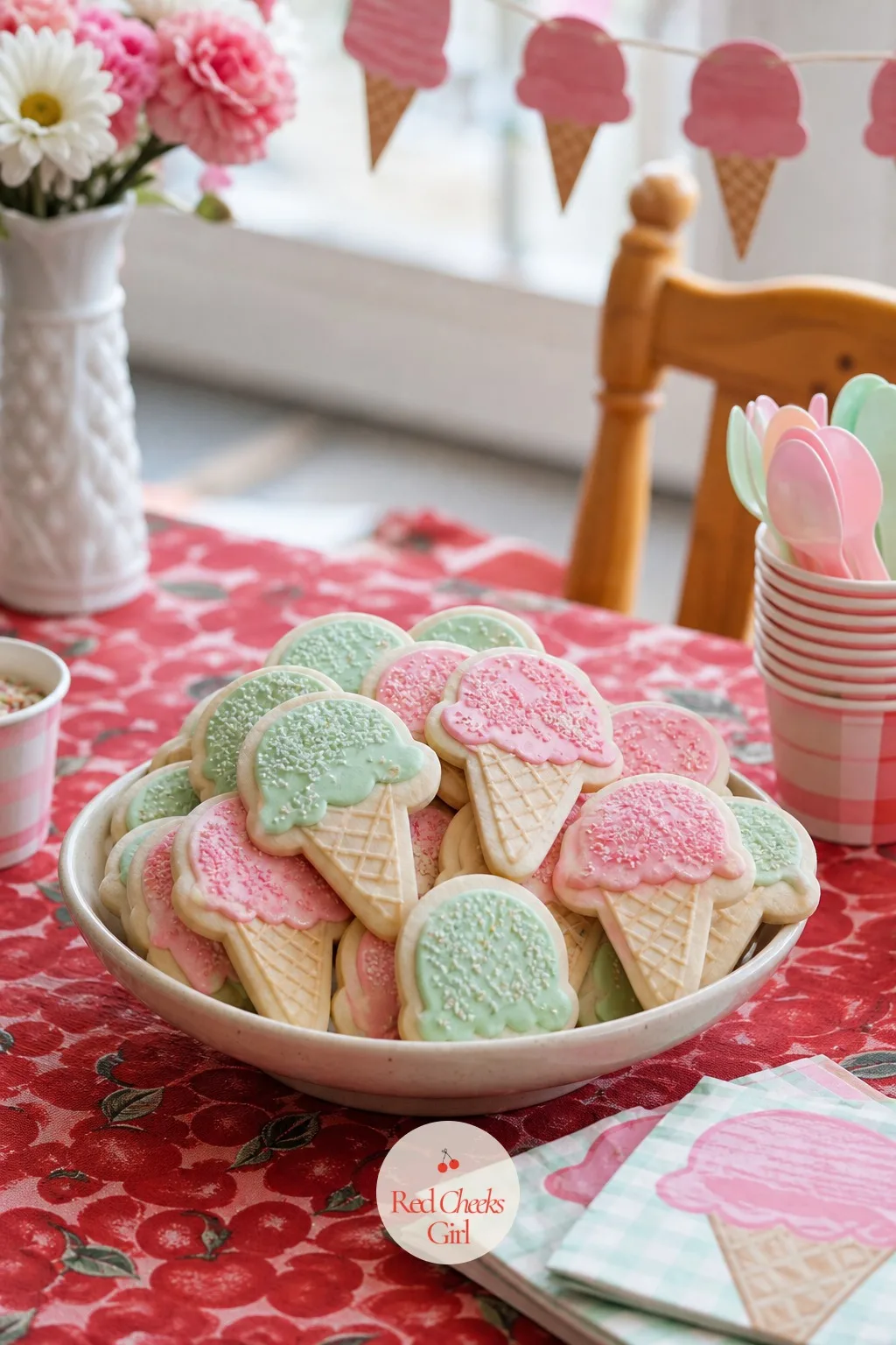A Platter Of Scoop Shaped Butter Cookies — She does not need a third dessert, but a platter of iced cookies shaped like a single scoop on a cone, piled in a