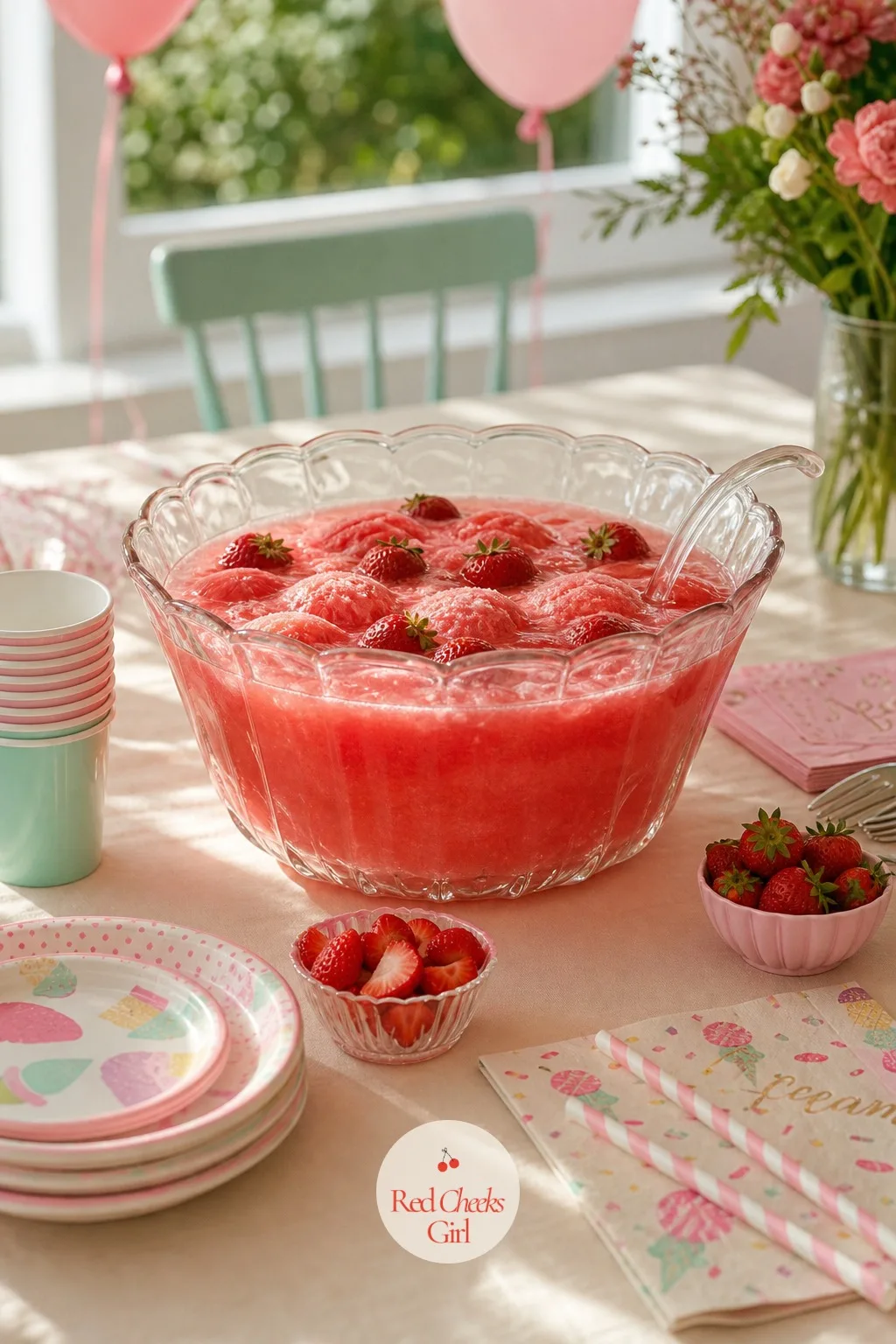 A Sherbet Punch Bowl In Cherry Red — A punch bowl does double duty as both drink and dessert, and it looks far more festive than a row of juice boxes. Ice