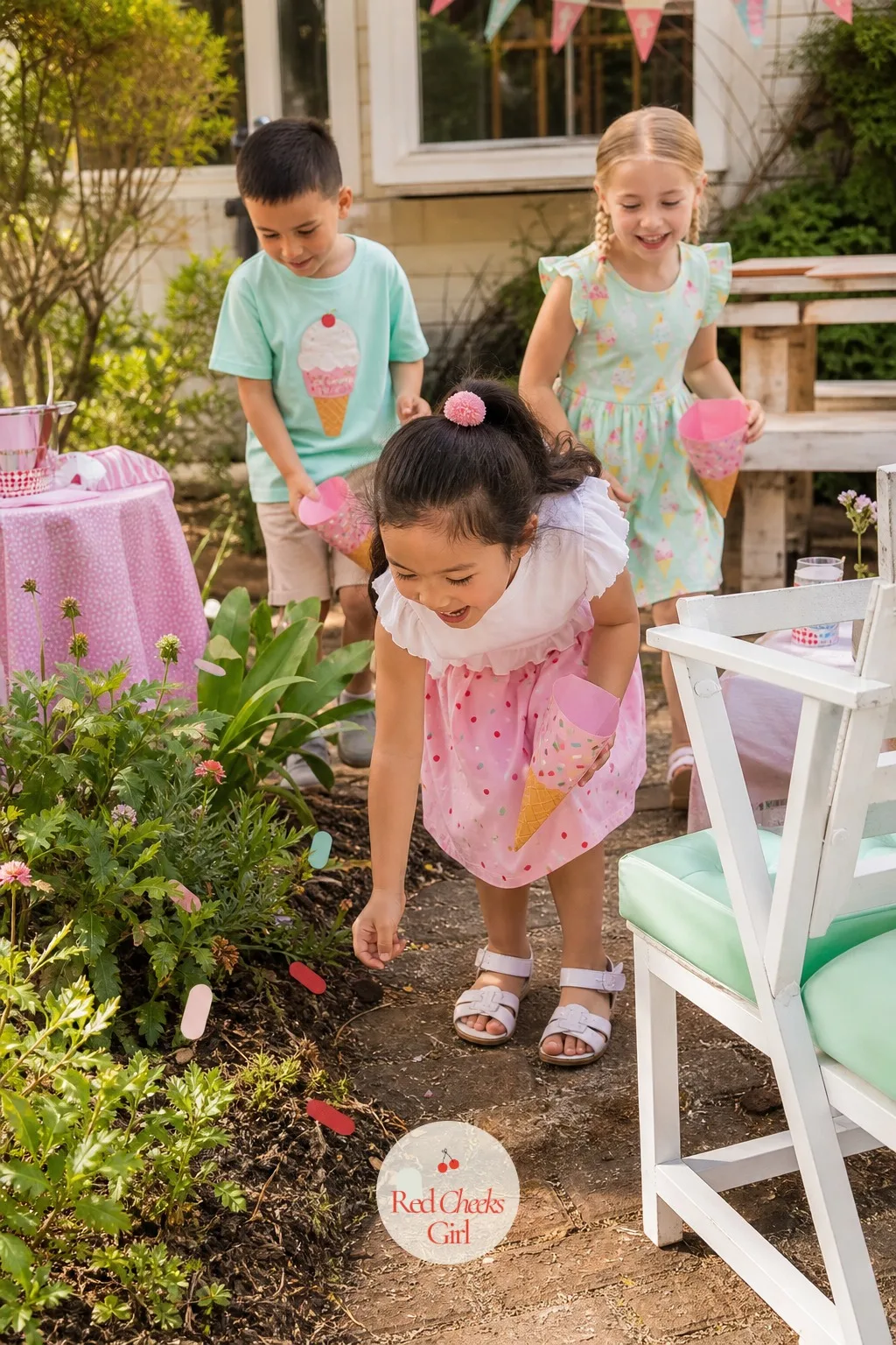 A Sprinkle Scavenger Hunt In The Garden — Cut dozens of paper sprinkle shapes in pink, mint and cherry red, hide them among the plants, under cushions and