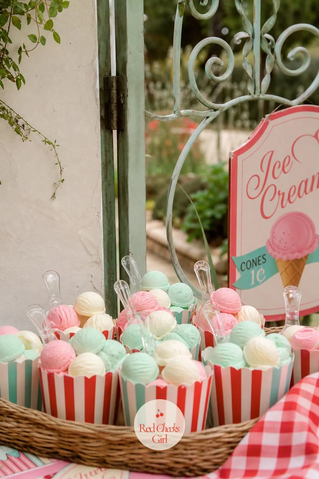Striped Favor Cups Filled With Candy Scoops — A grab bag of plastic toys never matches the party it came from. Ice cream birthday party