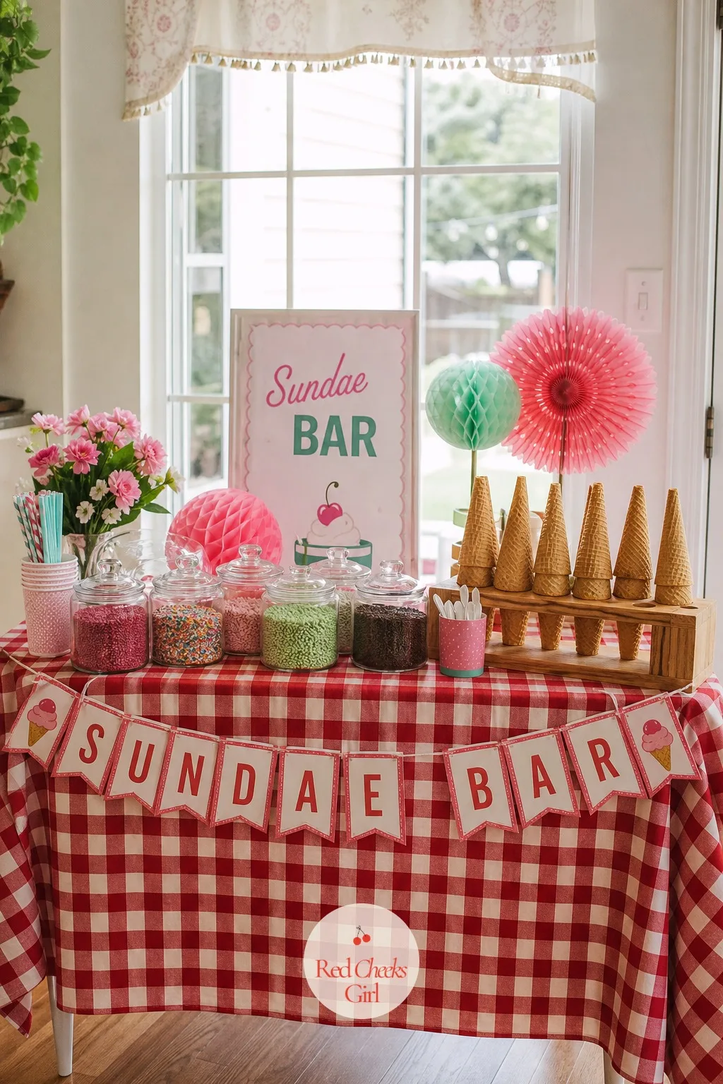 A Sundae Bar Built On Glass Jars And A Cone Stand — Nobody wants to hand a seven year old a spoon and simply hope for the best. Ice cream birthday party