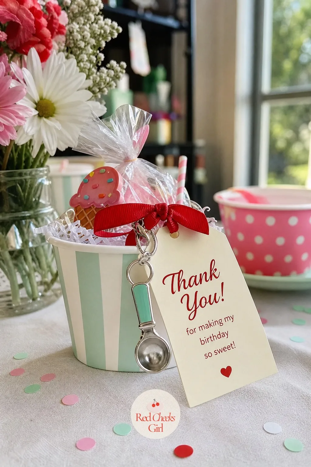A Thank You Tag Tied To A Mini Scoop Keychain — A tag that says thank you properly, not just a sticker slapped on a bag, is the detail parents actually notice.