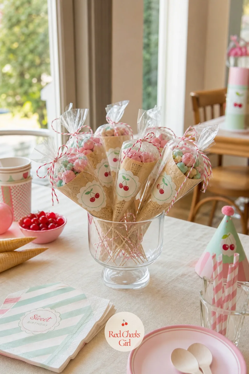 Treat Bags Topped With A Paper Cone — A plain cellophane bag looks like an afterthought. Ice cream birthday party