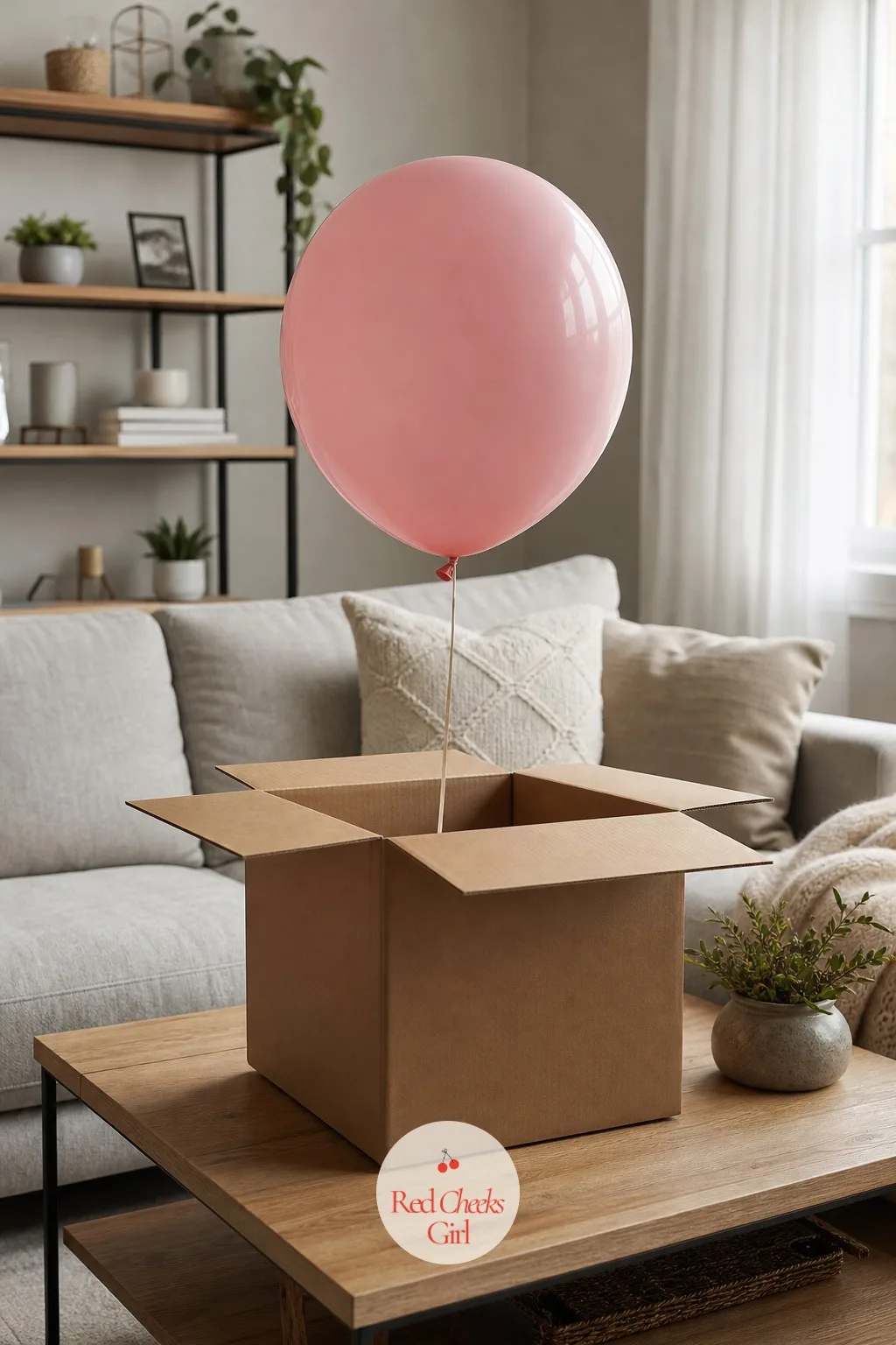 Balloon Box In The Living Room — A plain cardboard box sits closed on the coffee table all evening, looking like nothing in particular. Intimate gender reveal