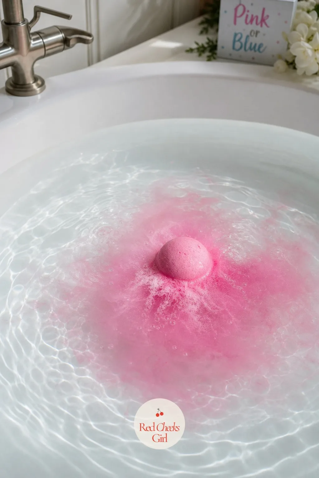 A Bath Bomb Dropped Together — A custom bath bomb, plain on the outside, drops into a full tub of warm water and dissolves into a slow bloom of pink or blue.