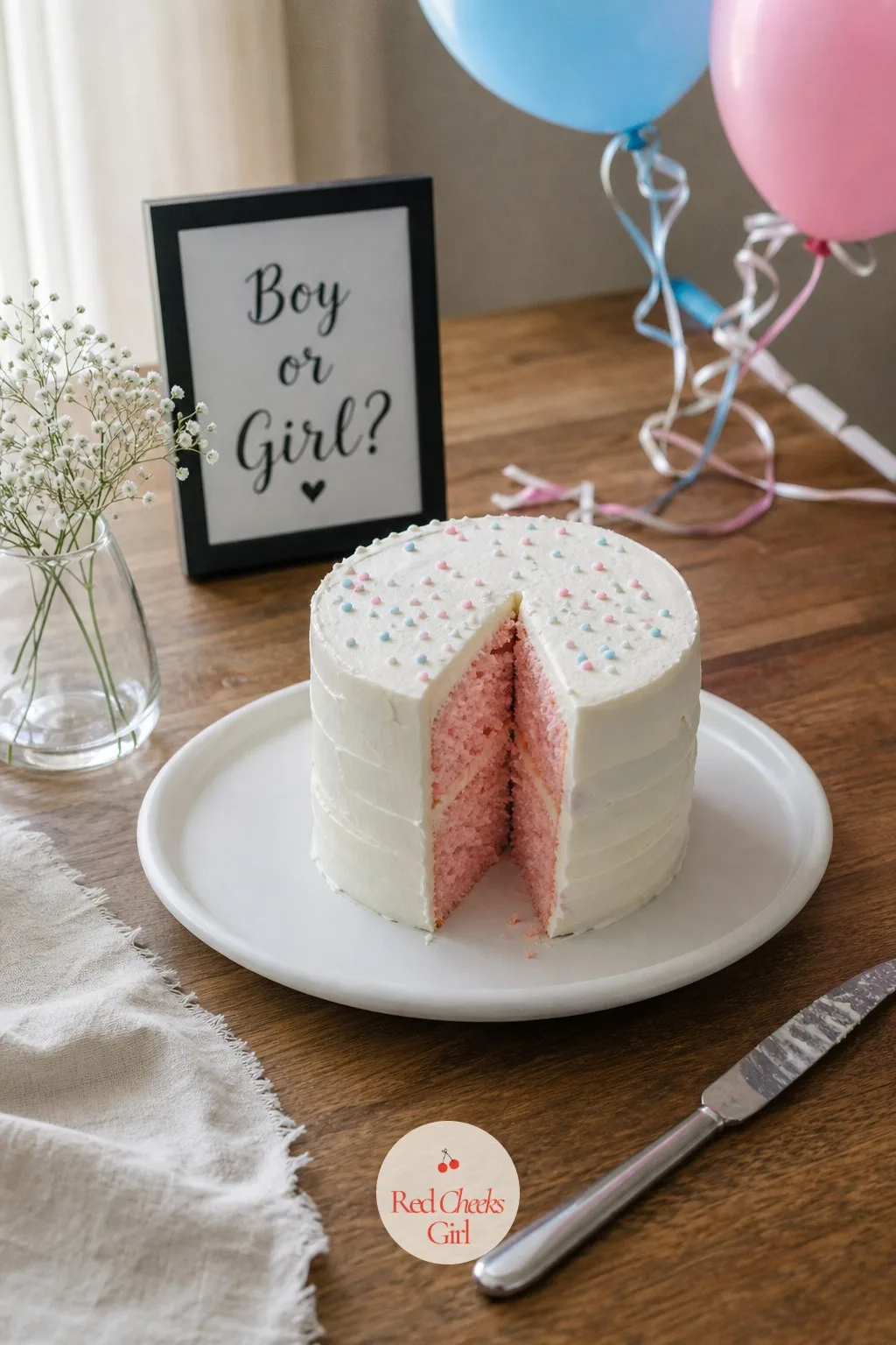 Cake For Two, Cut Together — A small two-layer cake, white or neutral frosting on the outside, with a colored sponge or a ring of colored ganache hidden