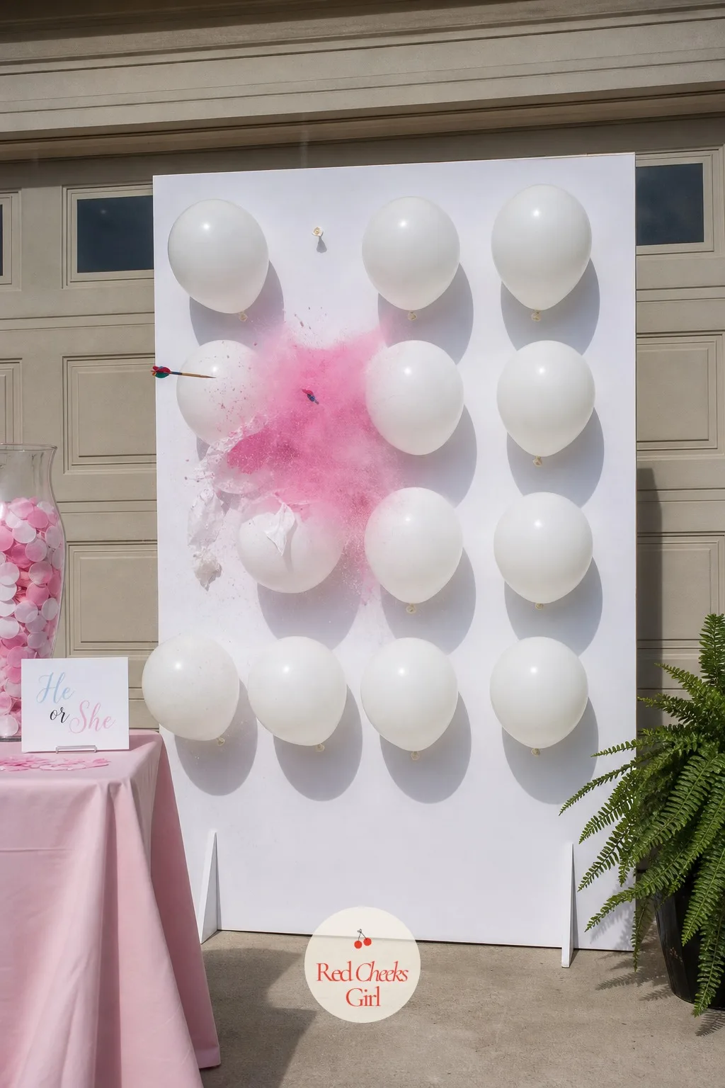 Darts Into A Balloon Wall — Nine or ten balloons taped to a corkboard or foam board, all the same neutral color on the outside, one of them hiding a burst of