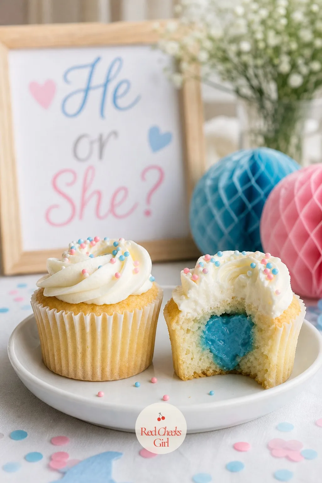Filled Cupcake Pair — Two matching cupcakes, same white frosting swirl on top so neither gives anything away, with a pocket of colored buttercream or jam piped