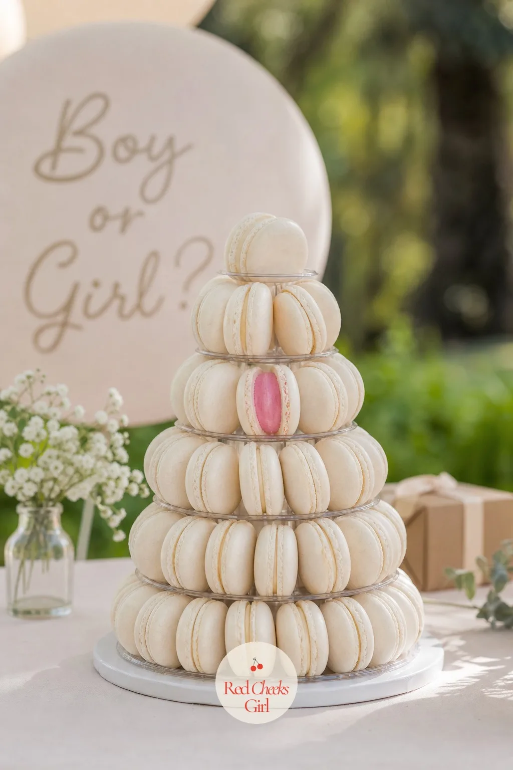 Macaron Tower With One Shell — A small cone-shaped stand holds a dozen matching white macarons, and one single shell, marked underneath with a tiny dot of
