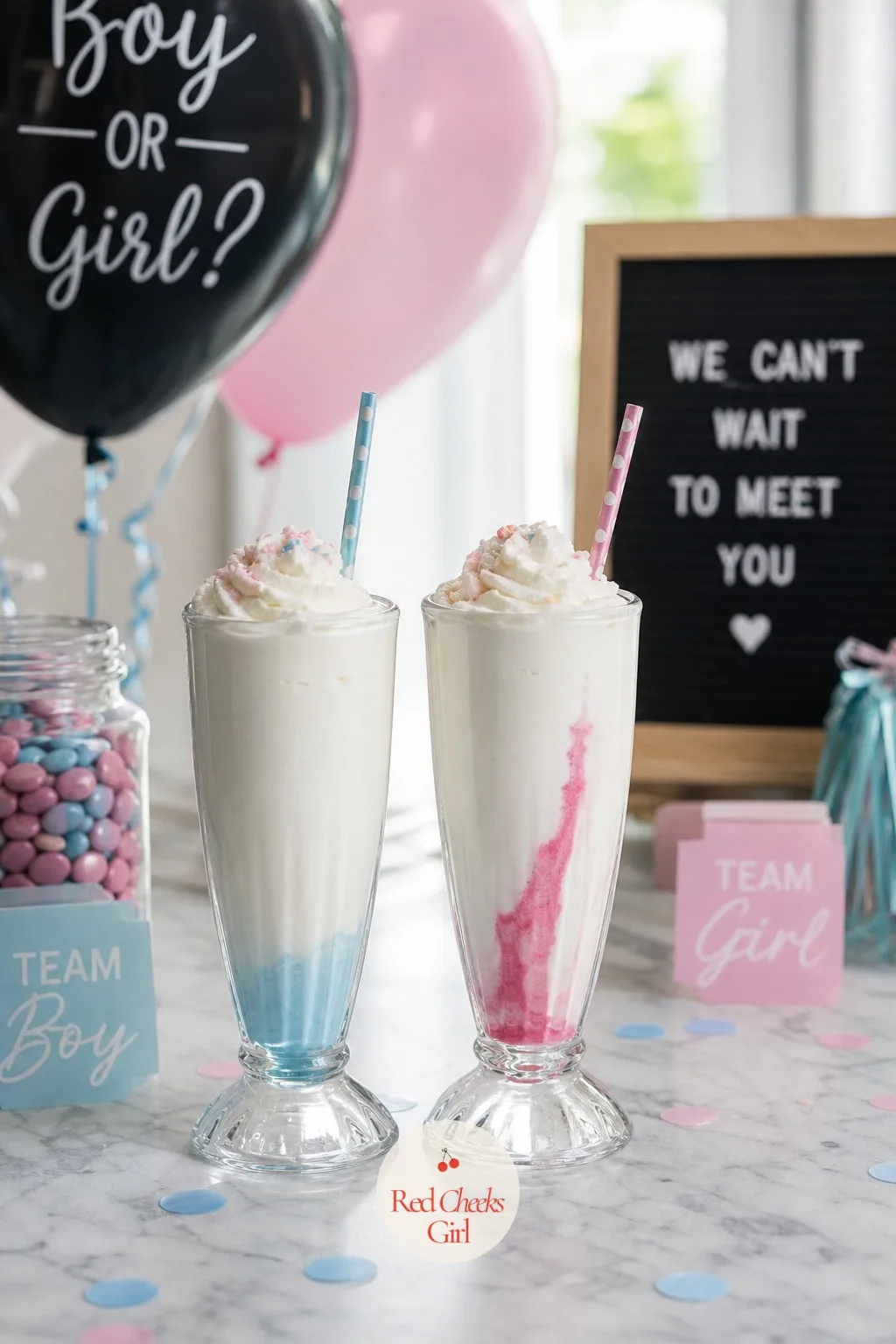 Milkshake With Hidden Color At The Bottom — Two tall glasses of vanilla milkshake, whipped cream piled high enough on top to hide what is sitting at the bottom