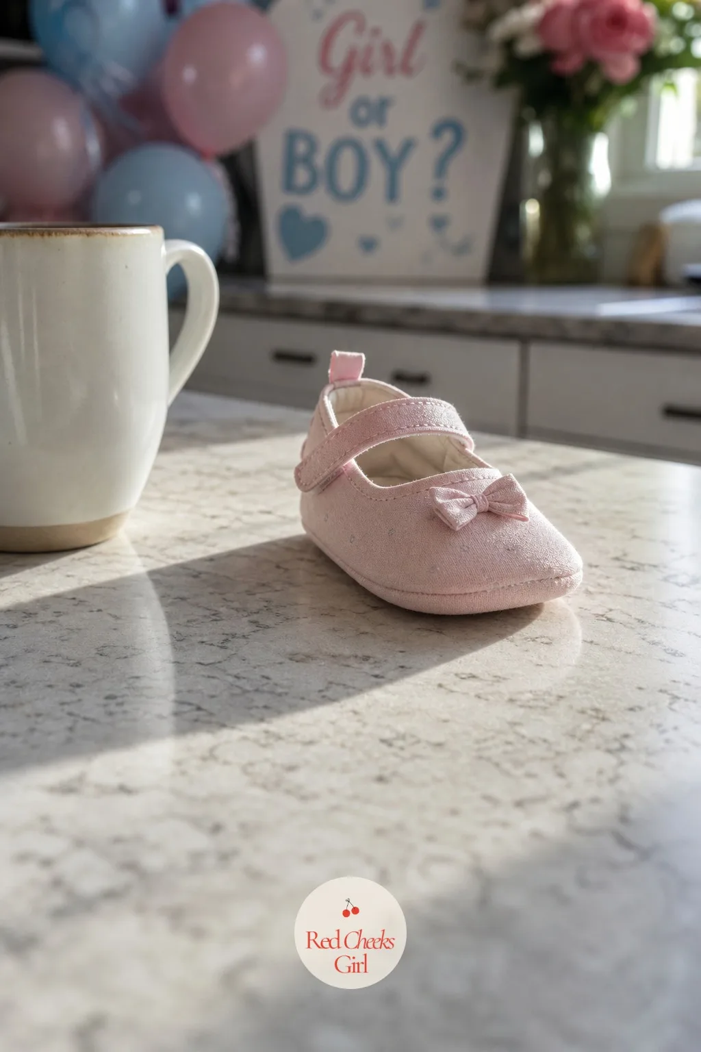 One Tiny Shoe Left On The Counter — A single baby shoe, pink or blue, set in the middle of the kitchen counter where it has no business being, left there by