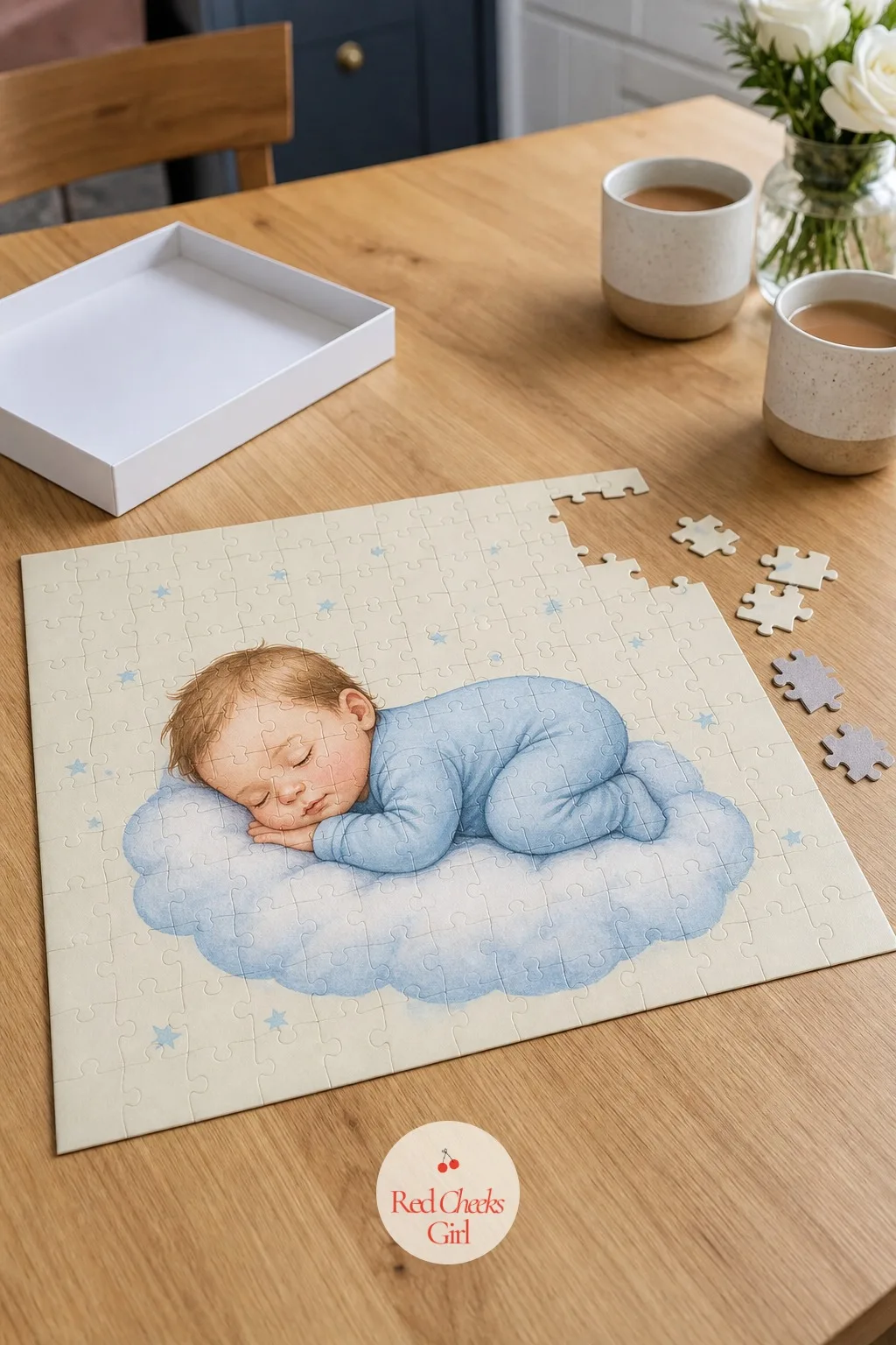 A Puzzle Finished At The Table — A custom photo puzzle, ordered blank on the surface except for a plain colored background, arrives in pieces in a box with no