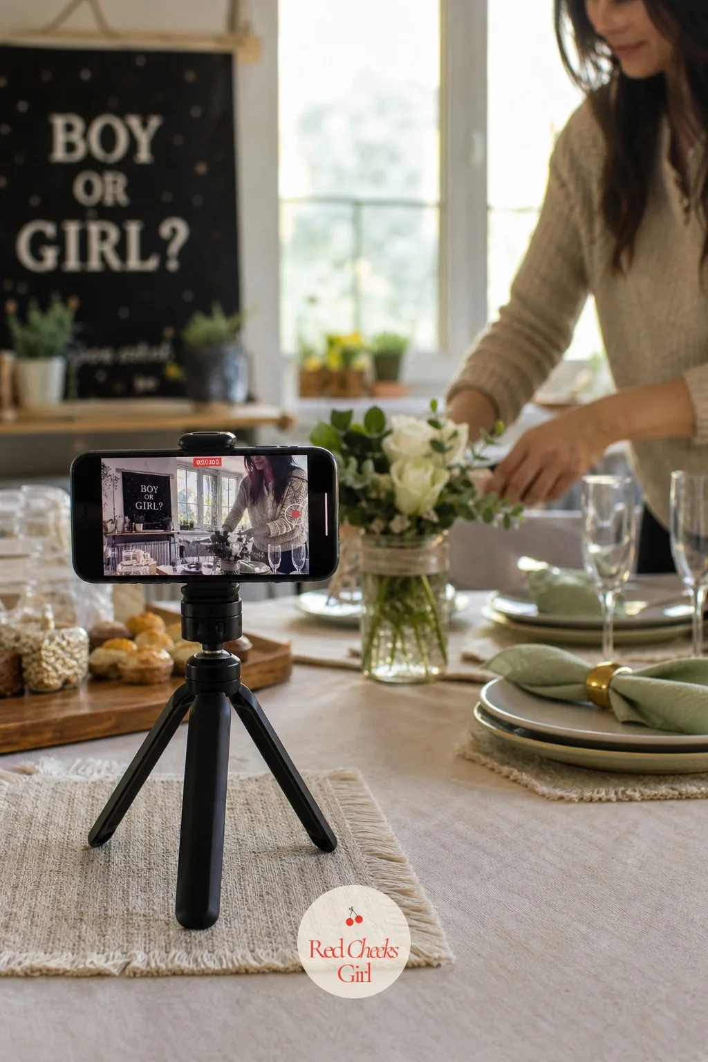 Recorded Reveal For Family Later — A phone on a small tripod, propped a few feet back from wherever the actual moment happens, recording quietly the whole