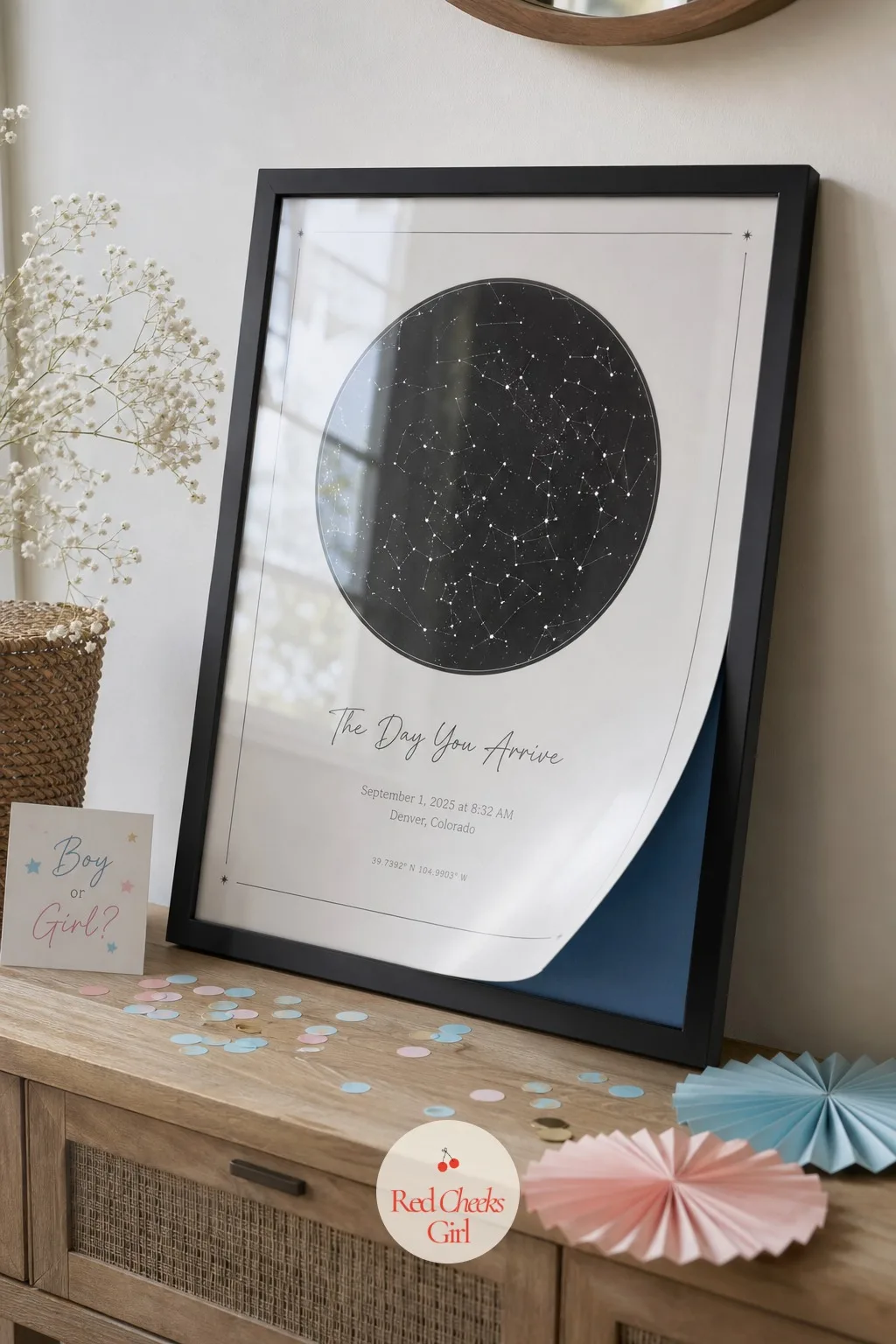 A Star Map Of The Due Date — A printed star map showing the sky over your home on the due date, framed with a colored backing board hidden behind the print