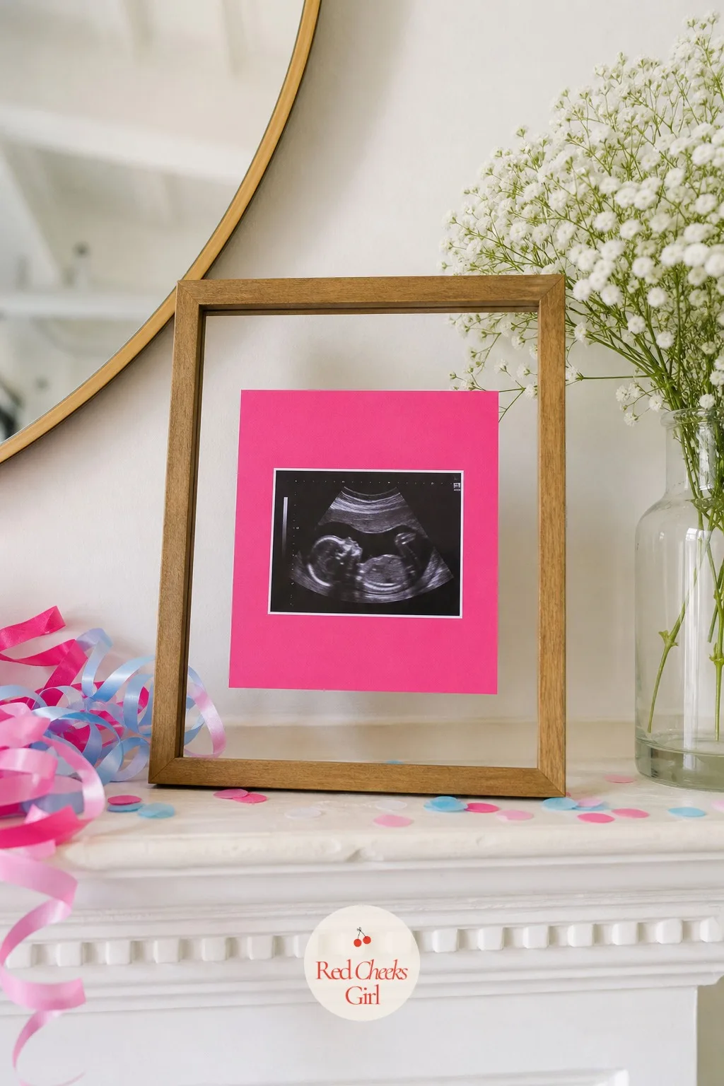 The Ultrasound Frame Reveal — An empty picture frame sits on the mantel for weeks, waiting. Intimate gender reveal ideas