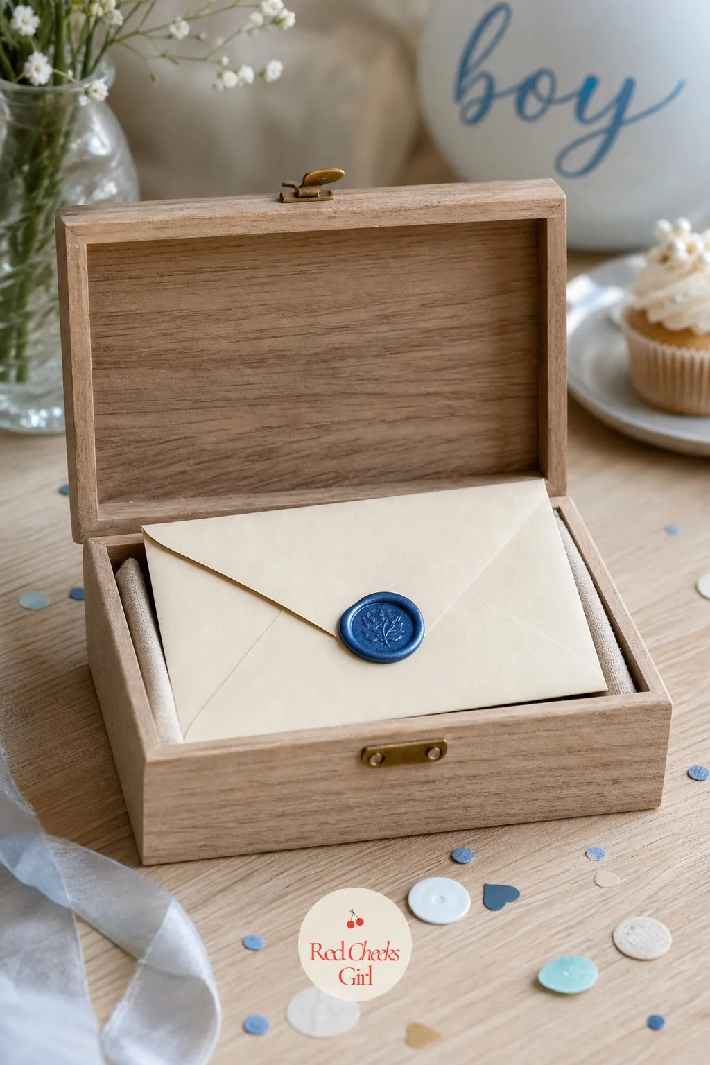 A Wax-Sealed Envelope In A Keepsake Box — A small wooden box, the kind sold for rings or trinkets, holds the sealed envelope from the scan instead of jewelry.