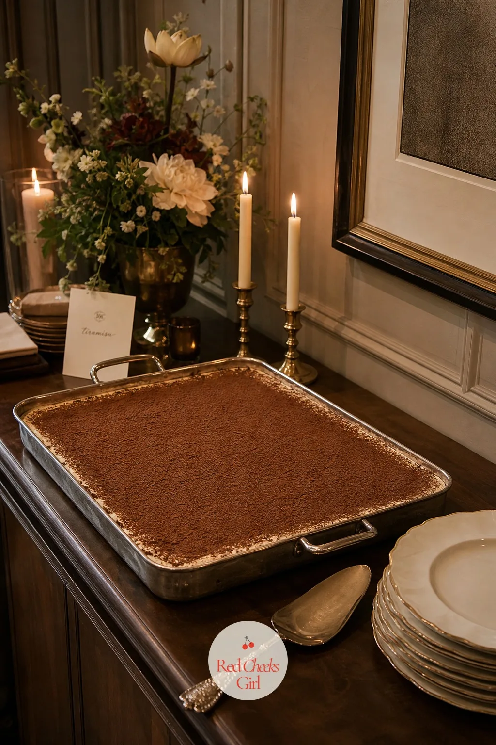 Giant Tray of Tiramisu Instead of a Cake — Nobody at a twenty person dinner wedding needs a four tier cake, and cutting one in front of a crowd this small can
