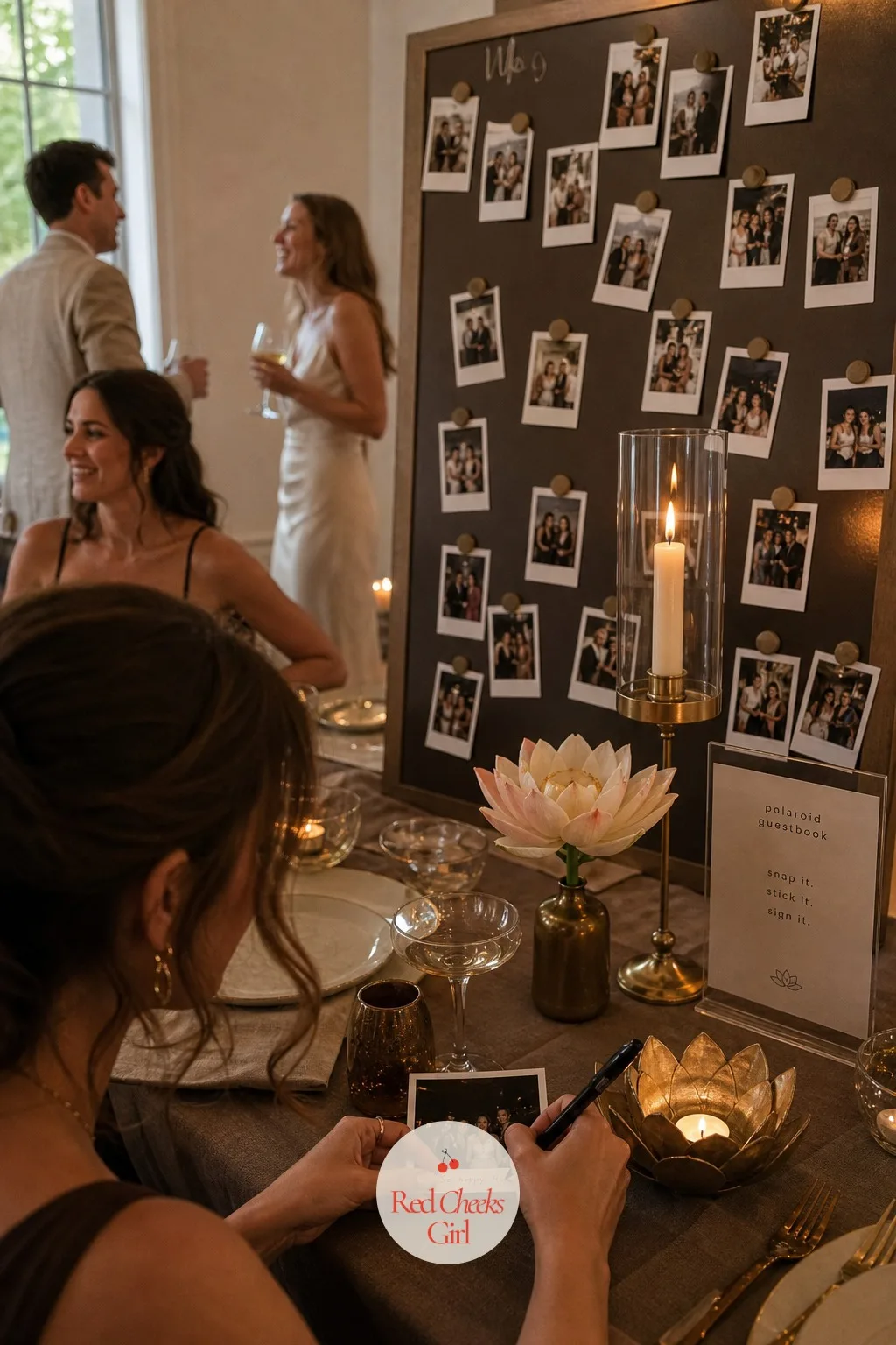 Guests Add a Line to Their Photo Before It Goes on the Board — The photo itself is only half the point. Intimate wedding ideas
