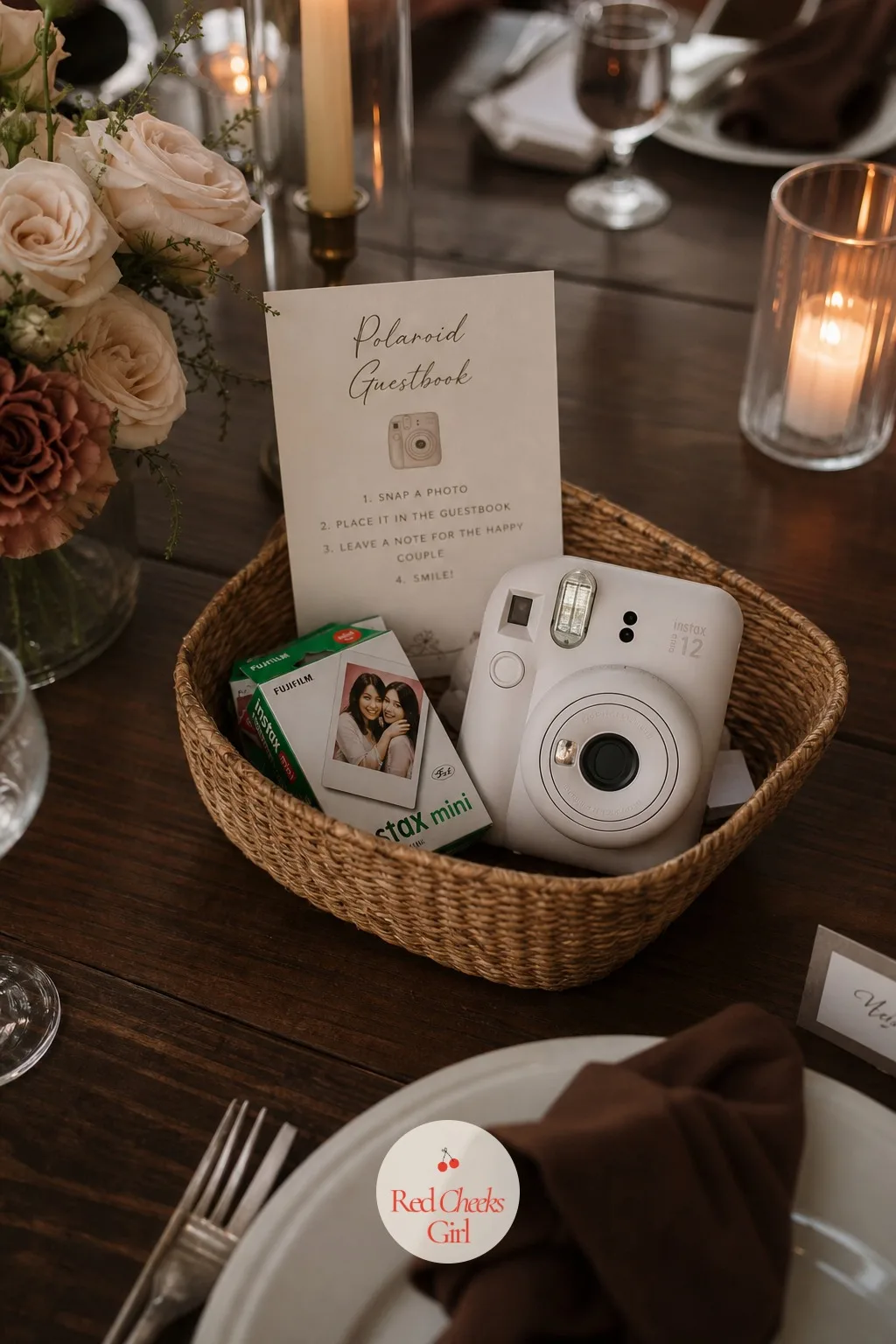 Instant Camera Basket on the Table — The magnetic board only fills up if a camera is within reach, so one sits in a small basket at each end of the long table