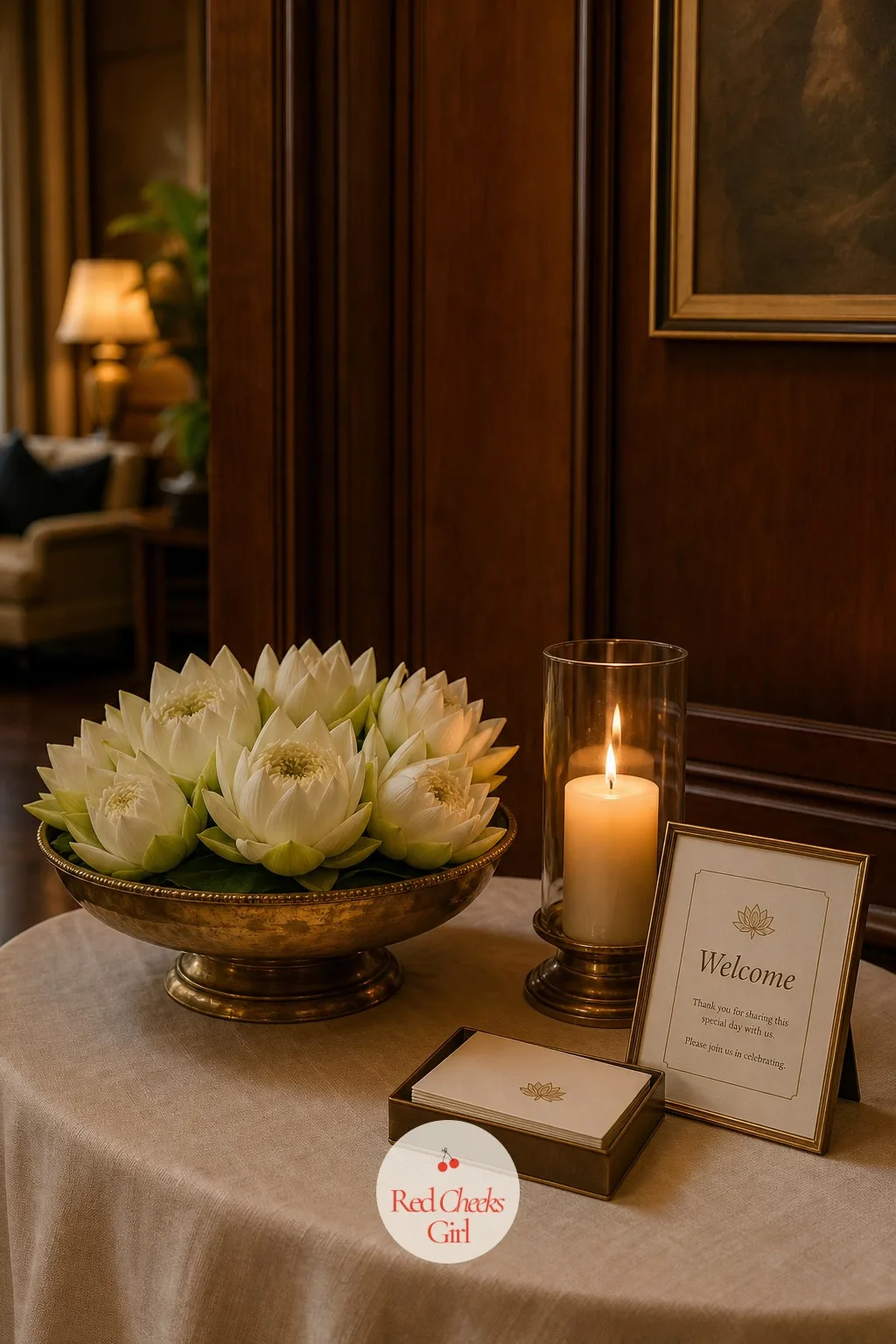 Matching Lotus Arrangement at the Welcome Table — The first thing a guest sees on arrival should already look like it belongs to the wedding, not like a rented