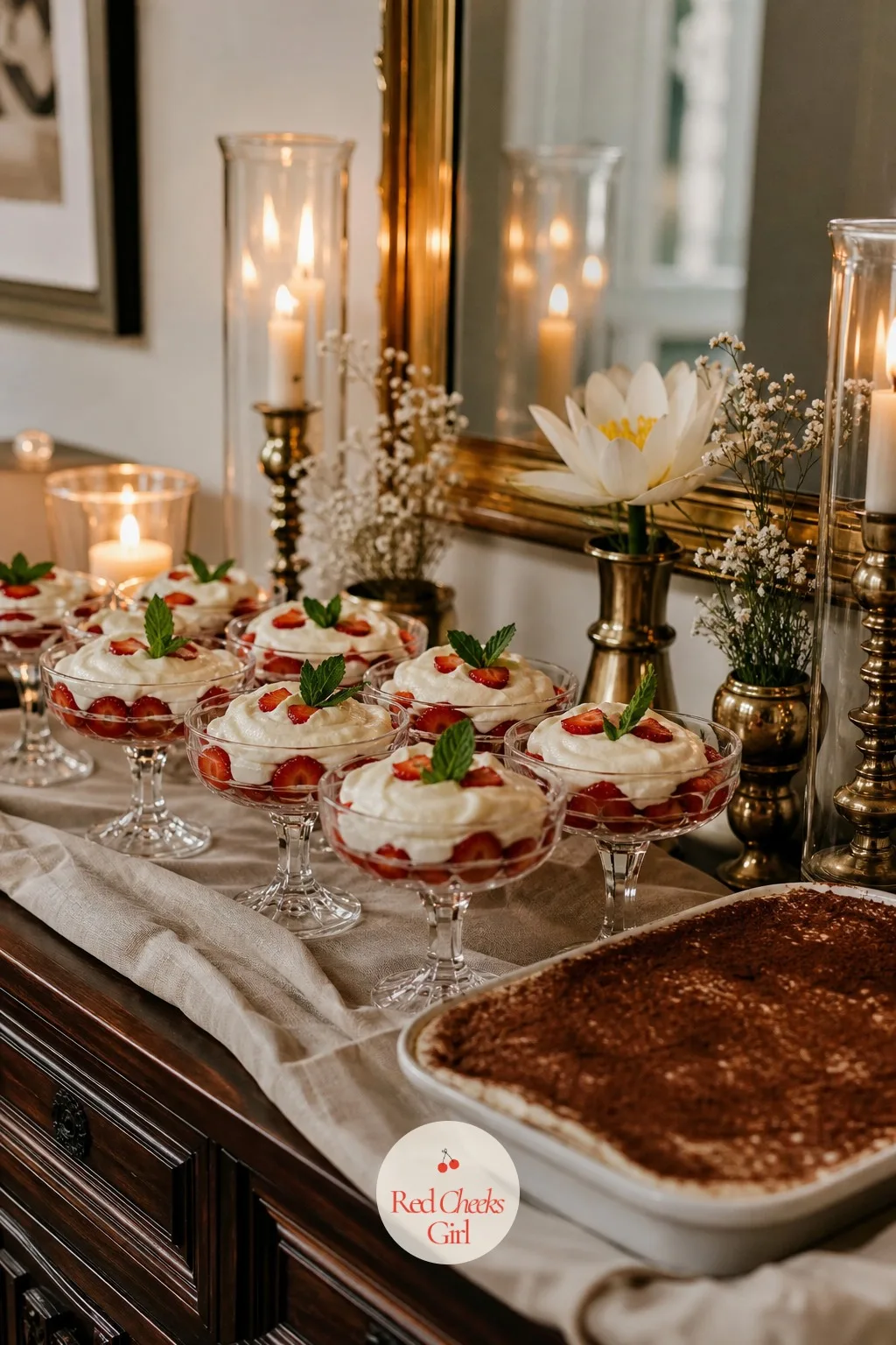 Strawberries and Cream in Glass Coupes — Not every guest wants coffee flavoured dessert, so a second, lighter option sits right beside the tiramisu tray.