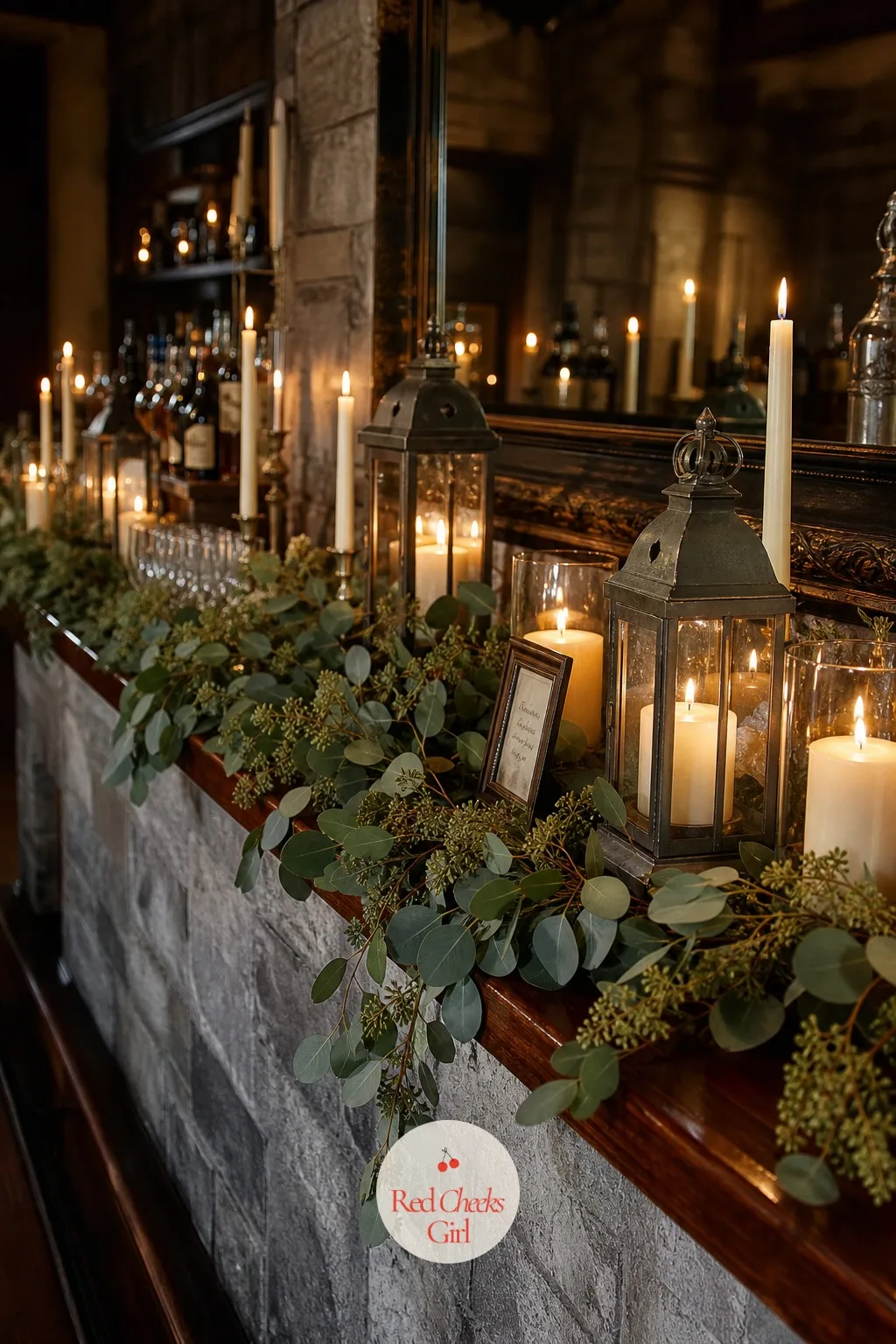 Candlelight Along the Mantel and Bar — Once the sun drops, this is the light that does the actual work, not the overhead fixtures. Irish wedding
