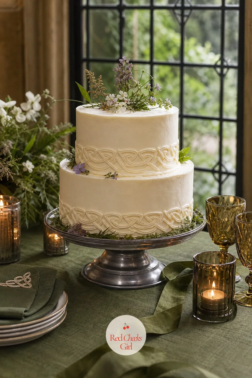 The Celtic Knot Wedding Cake — She would say a plain white cake feels like it belongs to someone else's wedding, and she is right to want more than that here.