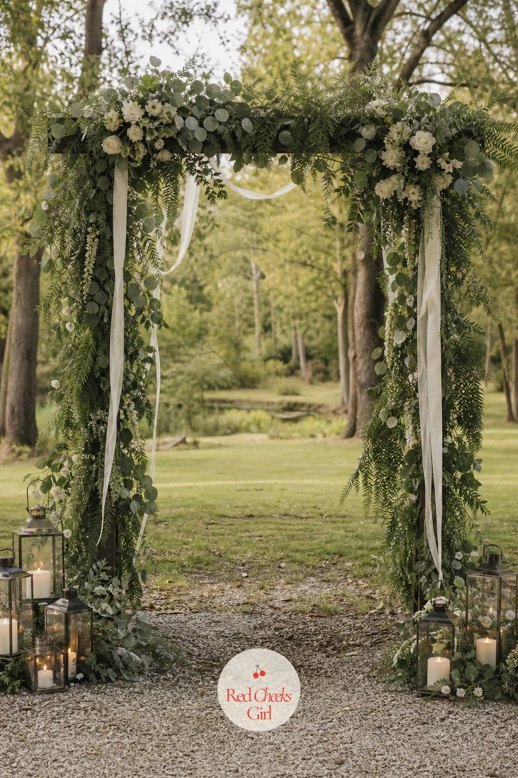The Greenery Ceremony Arch — Before any of the tables matter, this is what the guests actually watch the vows under: a simple arch frame disappearing entirely
