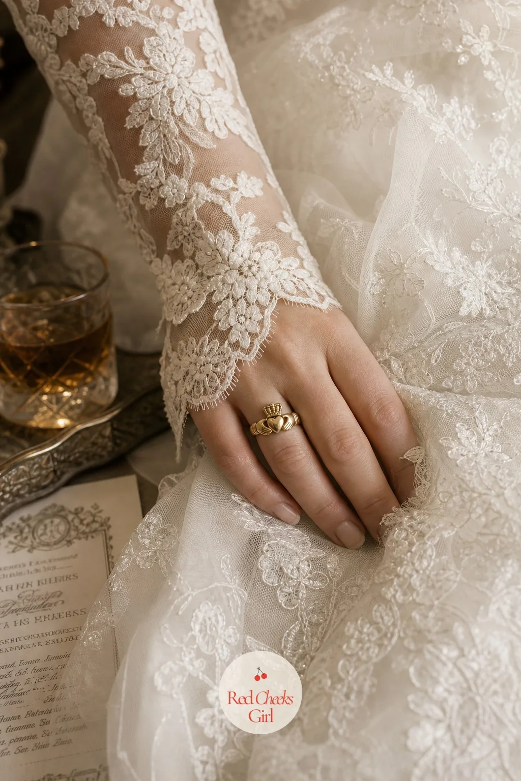 The Lace Gown with Claddagh Details — She stands in it for the vows and every photograph after, so it carries the theme quietly rather than loudly: a long lace