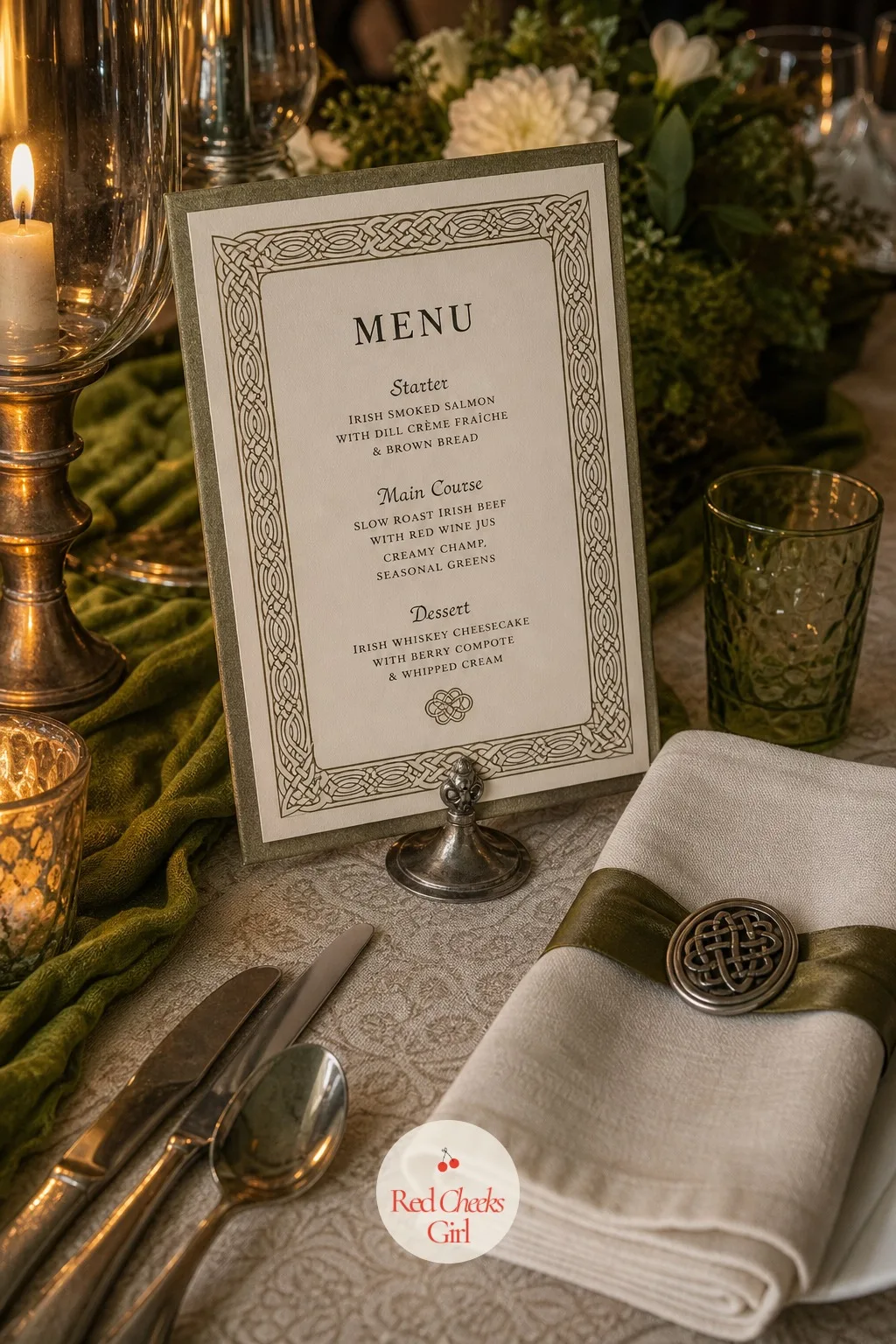 Menu Cards Bordered in Celtic Knots — Just beside the place card, this smaller card tells guests what is actually coming: each course listed in simple type, a
