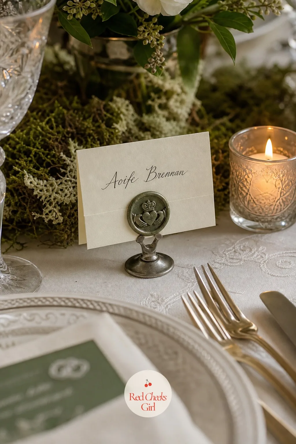 Place Cards Sealed in Claddagh Wax — Guests find their own name waiting at the table, and this is the moment the invitation's detail repeats in miniature: a