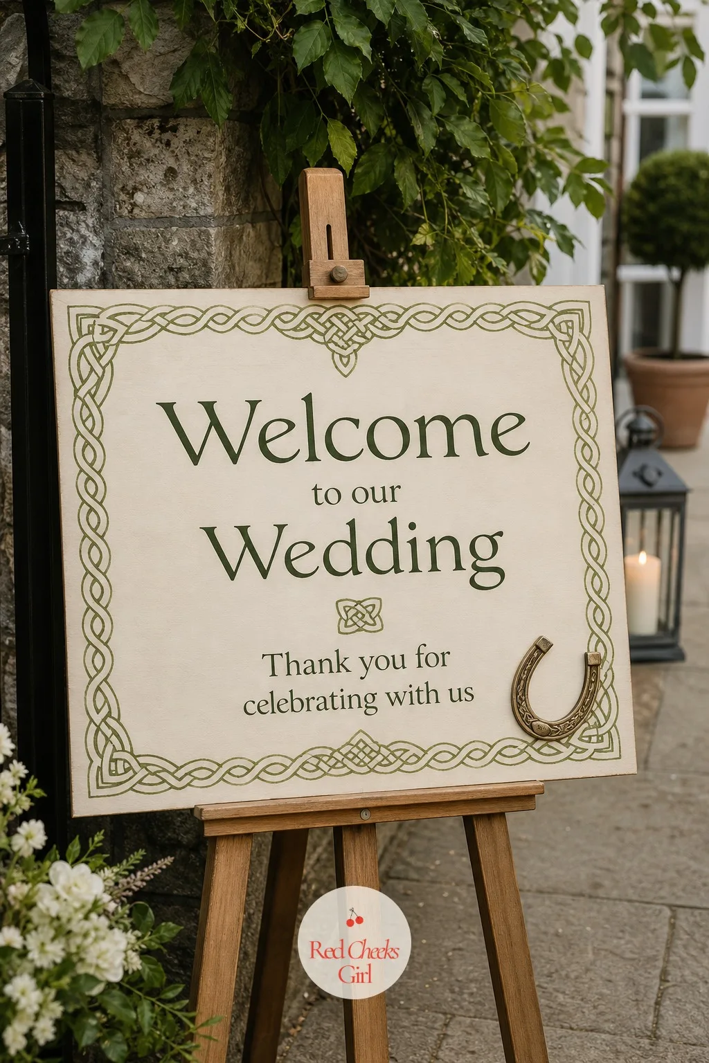Welcome Signage with Knot and Horseshoe — The first thing guests actually read on arrival is this sign, propped near the entrance before anyone has even found