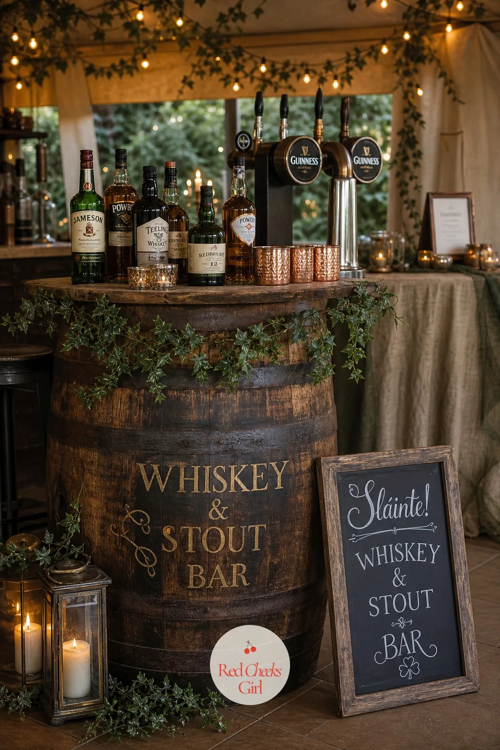 The Whiskey and Stout Bar — This is the corner of the room guests find on their own, no direction needed: a whiskey barrel standing in as the bar itself