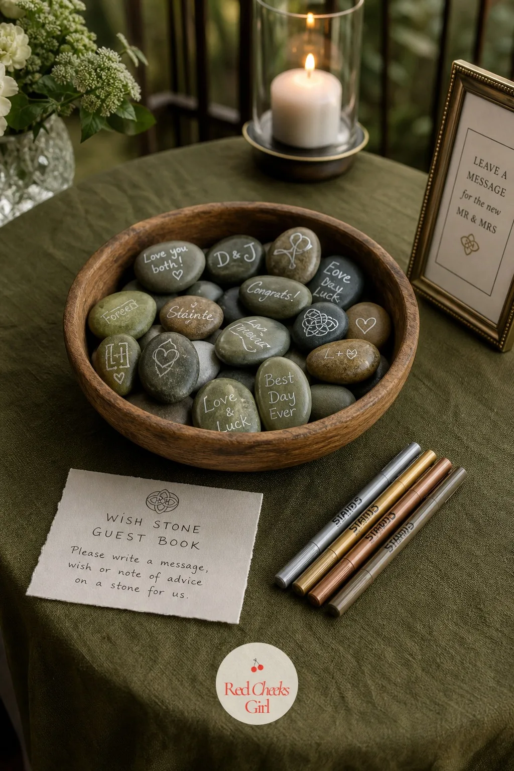 A Wish Stone Guest Book — Instead of a book nobody reads again, guests write their wishes straight onto a smooth river stone and drop it into a wooden bowl on